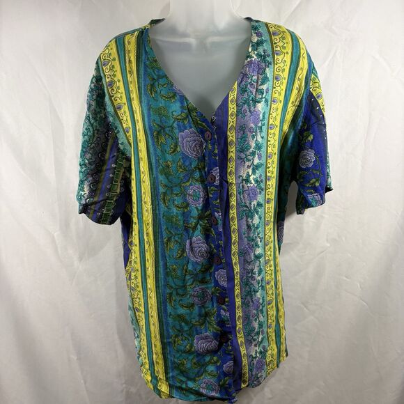 Vintage Bentley Plus Women's 20 Boho Rayon Button-Up Shirt Floral Festival Top - Picture 1 of 16